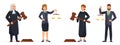 Judges and lawyers. Judge holding hammer and lawyer with scales of justice. Judicial workers, law cartoon vector Royalty Free Stock Photo