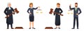 Judges and lawyers. Judge holding hammer and lawyer with scales of justice. Judicial workers, law cartoon vector illustration set