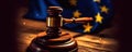 Judges wooden gavel with EU flag in the background. generative ai Royalty Free Stock Photo