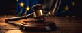 Judges wooden gavel with EU flag in the background. generative ai Royalty Free Stock Photo