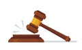 Judges wooden hammer. Judicial decision, hammer blow for rule of law and judged by laws concept cartoon vector