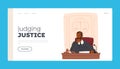 Judging Justice Landing Page Template. Thinking Judge Male Character Sitting At Desk, Contemplating In A Court Setting Royalty Free Stock Photo