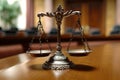 Judiciary concept scales of justice on wooden table in court