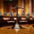 Judiciary concept scales of justice on wooden table in court