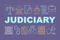 Judiciary word concepts banner. Judicial system. Criminal court. Presentation, website. Offender punishment. Isolated