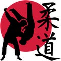 Judo fighters in front of red circle with kanji signs