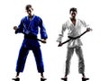 Judokas fighters fighting men silhouette Royalty Free Stock Photo