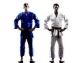 Judokas fighters fighting men silhouettes Royalty Free Stock Photo