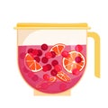 Jug with berry compote, red summer drink made from cherry fruits and orange slices