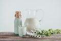 jug, bottle and glass of fresh milk with chamomile flowers on shabby Royalty Free Stock Photo