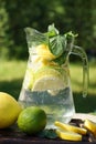 A jug of cold lemonade on a hot summer day in the meadow Royalty Free Stock Photo