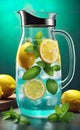 Jug of detox water with lemon and mint, lemonade spritzer, refreshing drink