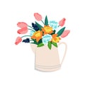 Jug of flowers, tulips and daffodils, spring bouquet of hydrangeas. Vector illustration Royalty Free Stock Photo