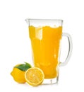 Jug of fresh lemon juice on white background Royalty Free Stock Photo