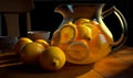 A jug of fresh lemonade on the wooden table. Lemons beside the carafe of drink. Dark backdrop. Generative AI