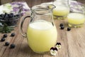 A jug of fresh whey with two glasses and blueberries Royalty Free Stock Photo
