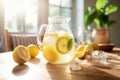 A jug of freshly made cold lemonade in sunny kitchen. Generative AI Royalty Free Stock Photo