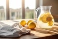 A jug of freshly made cold lemonade in sunny kitchen. Generative AI Royalty Free Stock Photo