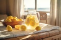 A jug of freshly made cold lemonade in sunny kitchen. Generative AI Royalty Free Stock Photo