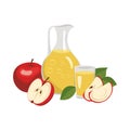 Jug and glass with apple juice, whole fruit with leaves and with seeds Royalty Free Stock Photo