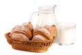 Jug and glass of milk with croissant isolated on white background Royalty Free Stock Photo