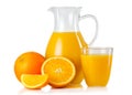 Jug and glass with orange juice and fruits with slices isolated Royalty Free Stock Photo