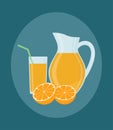 Jug, glass of orange juice and orange fruits.