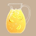 Jug for lemonade, juice, lemon drink. Glass jar with yellow beverage, ice cubes and orange slices, half and quarter