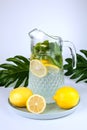 A jug of lemonade with lemon slices, fresh mint and ice cubes on the table. Making fresh lemonade. Close-up Royalty Free Stock Photo