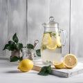 Jug of lemonade with mint and lemons on a white wooden background