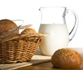 Jug with milk, bread and wheat