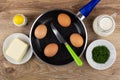 Jug of milk, eggs, knife in frying pan, dill in bowl, butter, sa