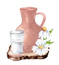 jug for milk and a glass of milk on a white background. Village style. Royalty Free Stock Photo