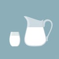 Jug of milk and glass of milk. Vector illustration isolated on blue background Royalty Free Stock Photo