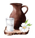 jug for milk and a glass of milk on a white background. Village style. Royalty Free Stock Photo