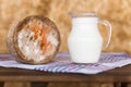 Jug of milk and head of cheese on table in barn against background of hay Royalty Free Stock Photo