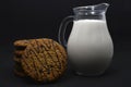A jug of milk and oatmeal cookies. Delicious breakfast. Oatmeal cookies with milk