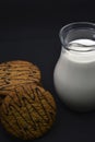 A jug of milk and oatmeal cookies. Delicious breakfast. Oatmeal cookies with milk