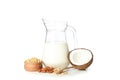 Jug of milk, soybeans, almond, oatmeal and coconut isolated on background