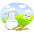 Jug with milk, spikelets and rural landscape