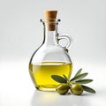 A jug of olive oil surrounded by fresh olives. Isolated on white background. Perfect for culinary projects and packaging Royalty Free Stock Photo