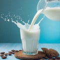 A jug pouring almond milk splashing into a glass on light blue background Royalty Free Stock Photo