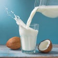 A jug pouring coconut milk splashing into a glass on light blue background Royalty Free Stock Photo