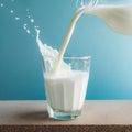 A jug pouring fresh milk splashing into a glass on light blue background Royalty Free Stock Photo