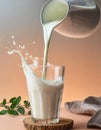 A jug pouring fresh milk splashing into a glass situated on a slice of wood on peach fuzz color background Royalty Free Stock Photo