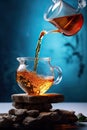 Jug pouring hot tea into glass cup with green tea leaves in the air, Healthy products by organic natural ingredients Royalty Free Stock Photo