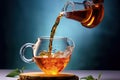 Jug pouring hot tea into glass cup with green tea leaves in the air, Healthy products by organic natural ingredients Royalty Free Stock Photo