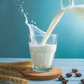 A jug pouring oat milk splashing into a glass on light blue background Royalty Free Stock Photo