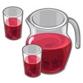 Jug with red berry compote and filled glasses
