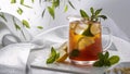 Jug with refreshing homemade lemonade with ice and mint leaves on white background, studio shot. Generative AI